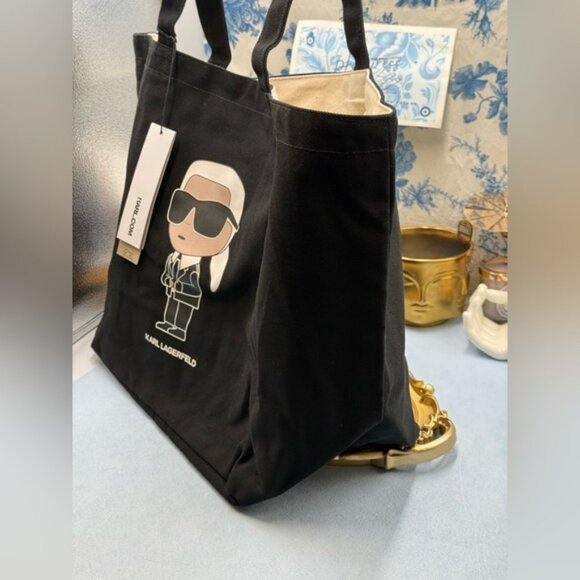 🆕 KARL LAGERFELD PARIS 🧿 NWT Black Ikonik 2.0 Tote Bag, Cartoon Karl Graphic - Picture 4 of 16
